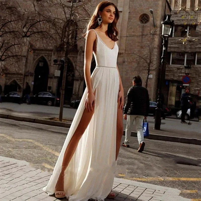 LSYX High Split Chiffon Wedding Dresses For V-Neck Sexy Style Spaghetti Straps A-Line Floor-Length  Backless Bride Gown Cheap