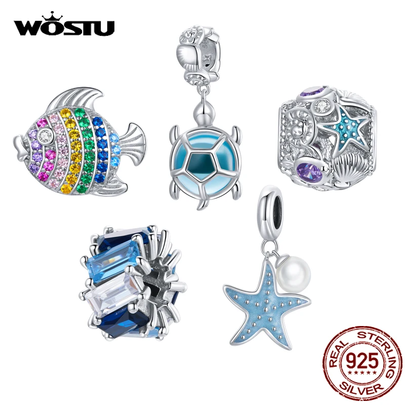 Wostu New Arrival Colorful Fish 925 Sterling Silver CZ Original Starfish Sea Turtle Dangle Charms Fit Original Bracelets Jewelry