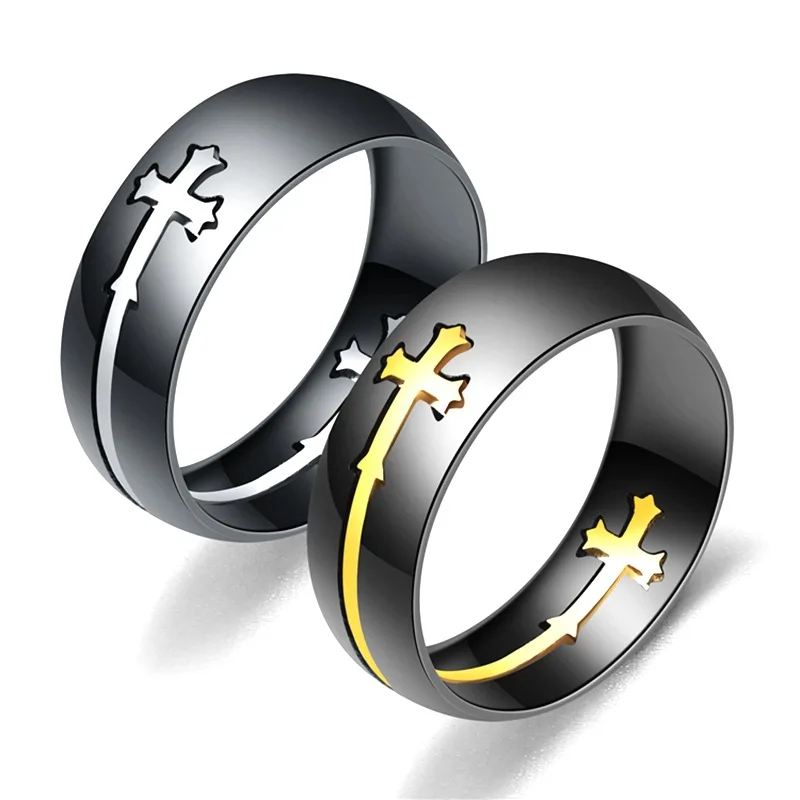 

8mm Gold Silvery Cross Ring Black Stainless Steel Cool Rings For Women Men Male Casual Jewelry Wedding Band Separable Ring