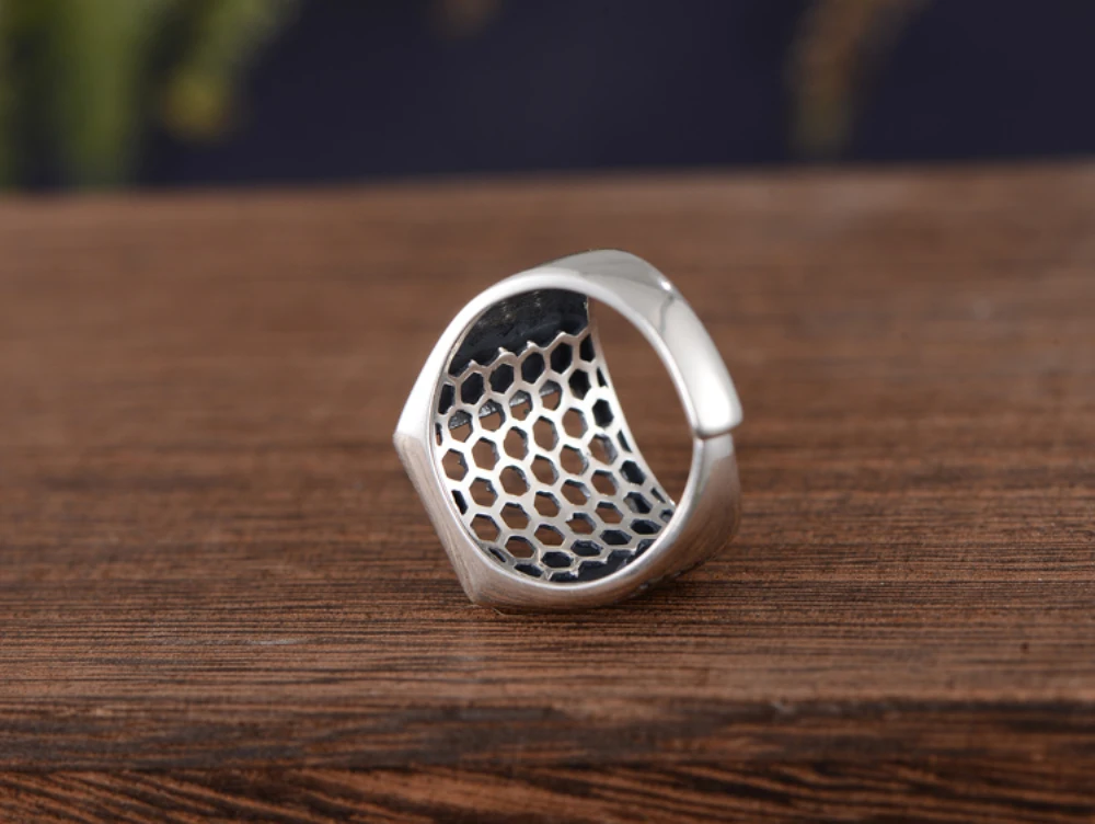 Men's Ring Blank (12x15mm Rectangle Blank) Adjustable Thai Sterling Silver Vintage Style Rectangle Cabochon Ring Setting R929B