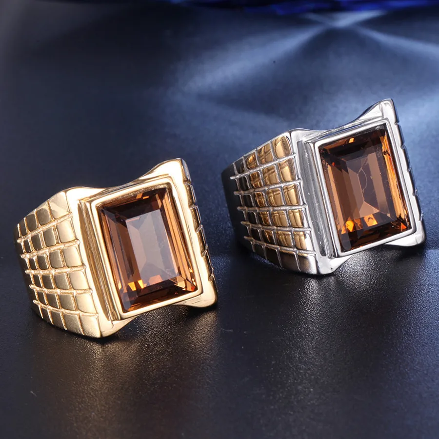 Masculine Brown 5A Zircon Diamonds Gemstones Rings for Men 18k Gold Filled Titanium Stainless Steel Jewelry Trendy Finger Bands