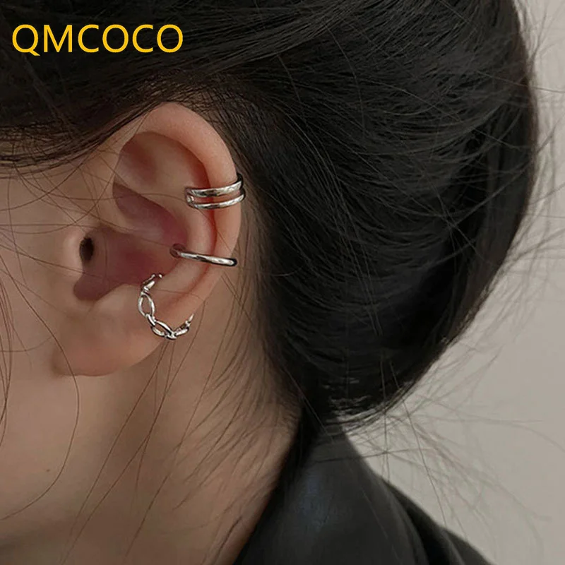 QMCOCO Silver Color Geometry Ear Clip Female Unique Design Punk Temperament HipHop Fashion Jewelry For Woman Ear Bones Clip