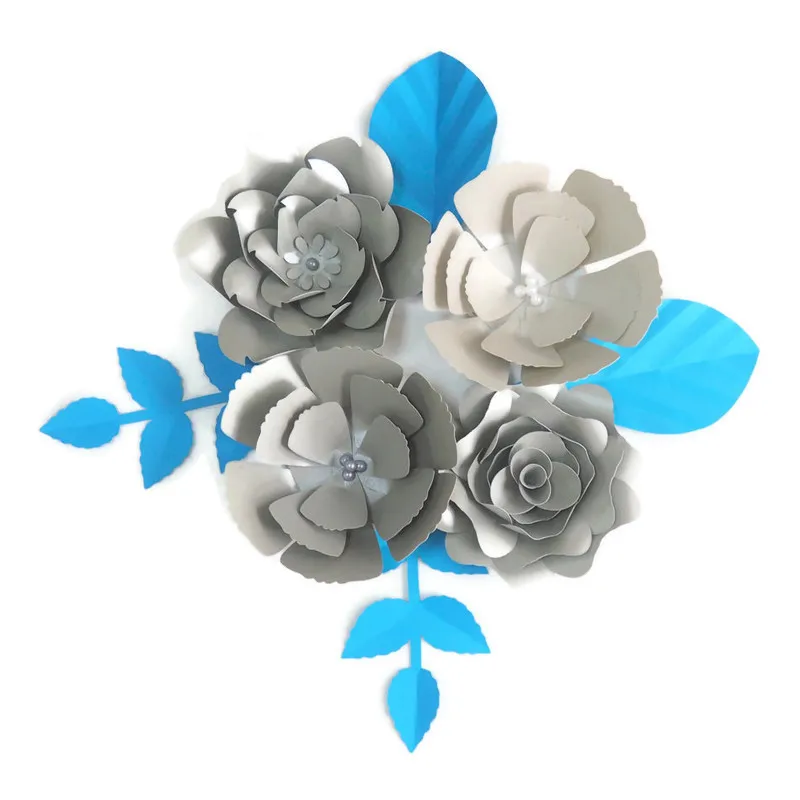 DIY Giant Paper Flowers Artificial Rose Fleurs Artificielles Backdrop 4pcs+ 4 Leave Wedding Party Decor Nursery Glittered Silver