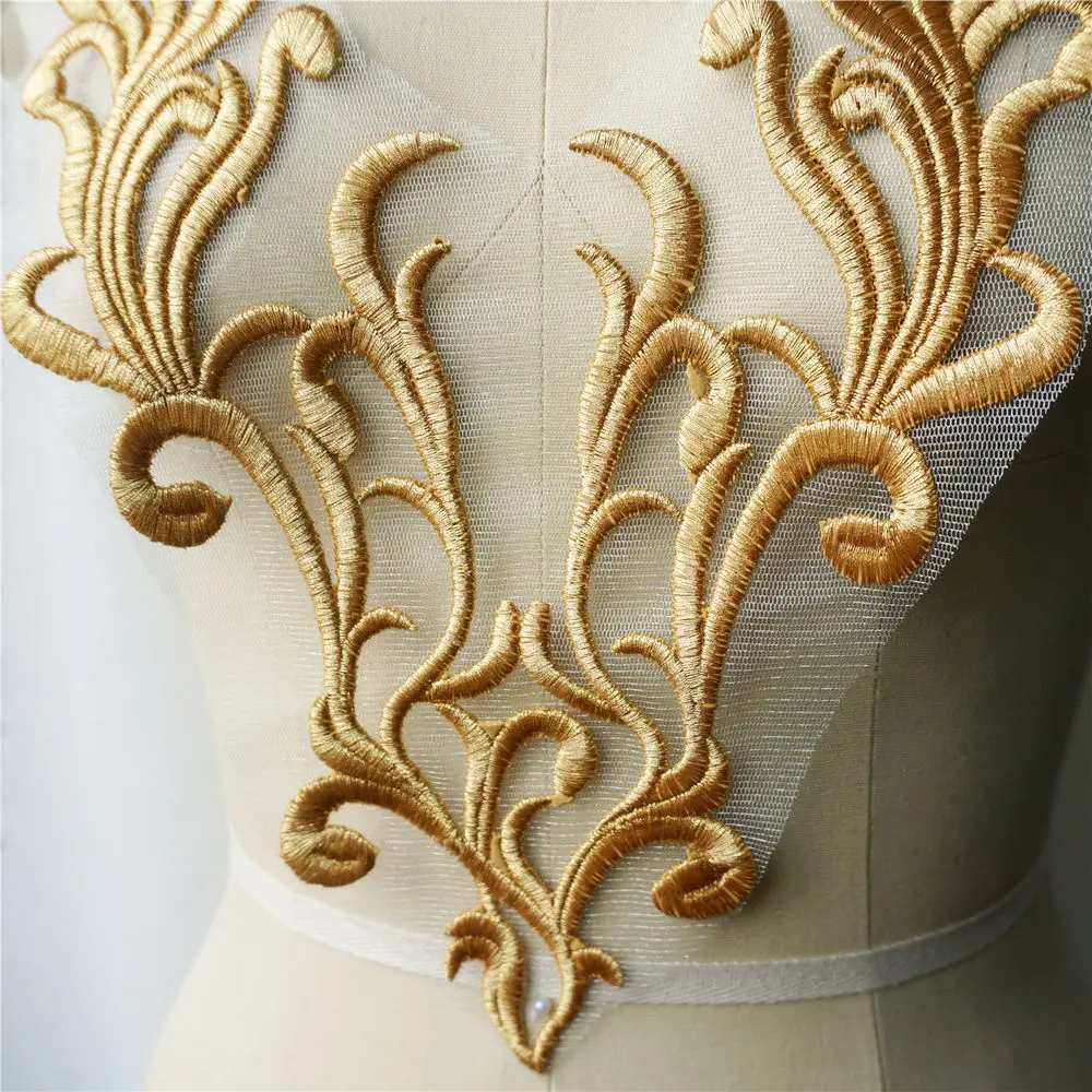 Gold Lace Fabric Embroidered Gown Appliques Flora Collar Mesh Baroque Vintage Sew On Patches For Wedding Decoration Dress DIY