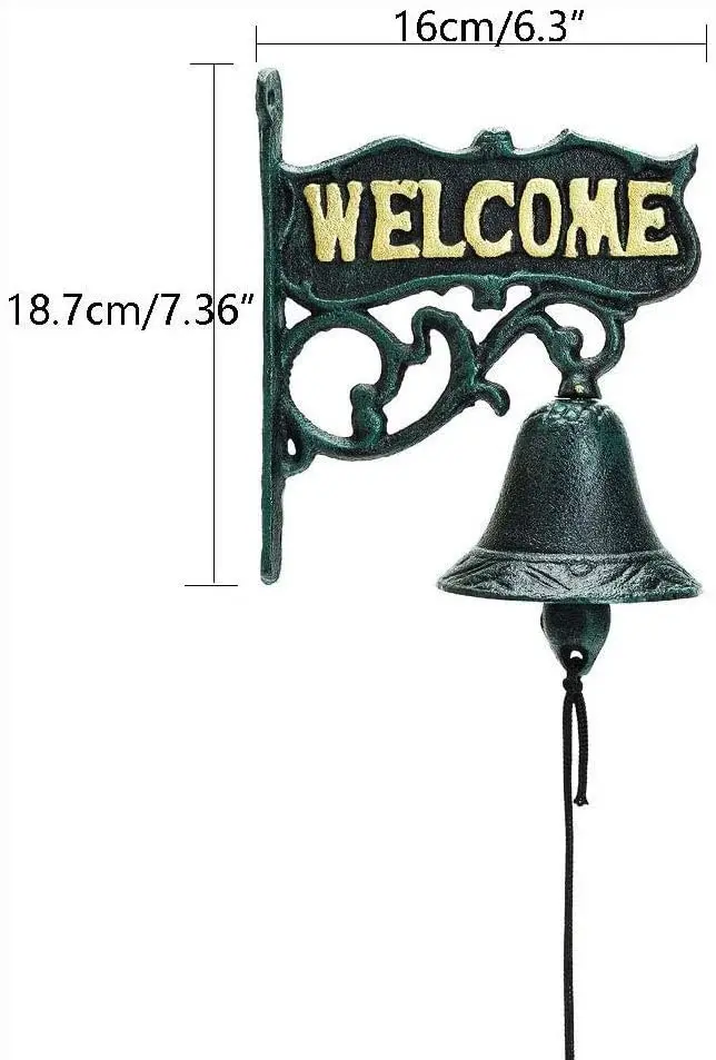 Heavy Duty Cast Iron Wall Hanging Bell Welcome Sign - Decorative Vintage Green Flower Vine Manually Shaking Doorbell