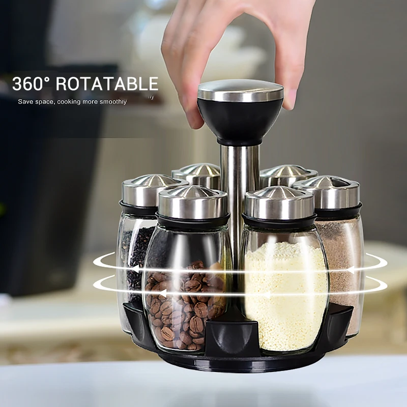 Rotating Glass Spice Jar Salt Holder Box Shaker For Spices Cans Container Pepper Spray Kitchen Seasoning Powder Storage Bottle