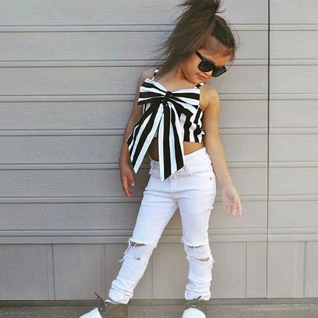 MineAmir New Baby Girls Fashion Set Stripe Camisole Bow Tops White Hole Denim Pants Kids 2 Pieces Outfits