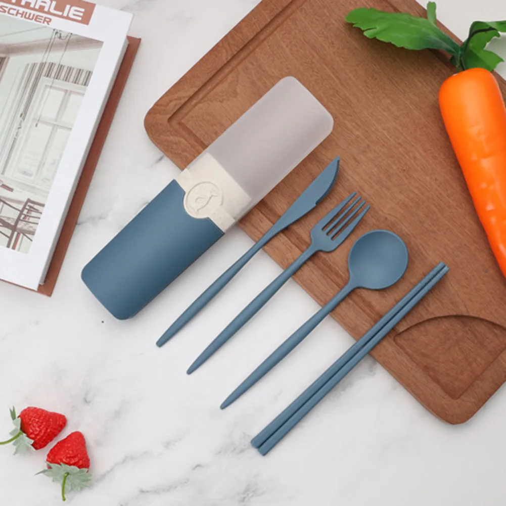 Portable Reusable Spoon Fork Chopsticks Knife Wheat Straw Tableware Cutlery Set Travel Picnic Camping Dinnerware Kits