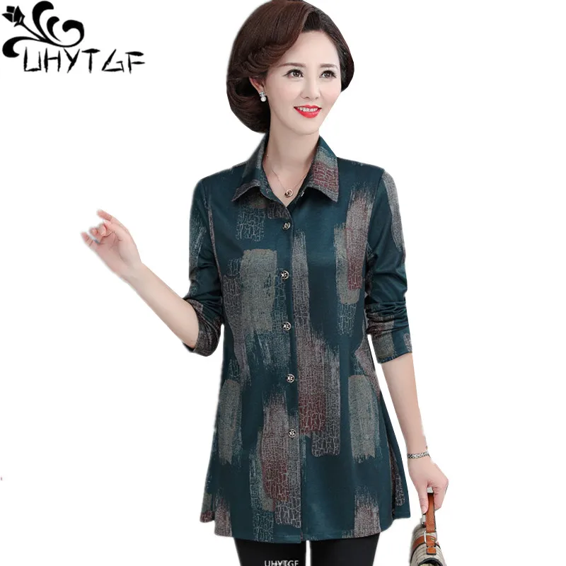 UHYTGF Fashion Woman 5XL Big Size Blouses Mid-Length Casual Female Spring Autumn Shirt Single-Breasted Mom Thin Tops Coats 2144