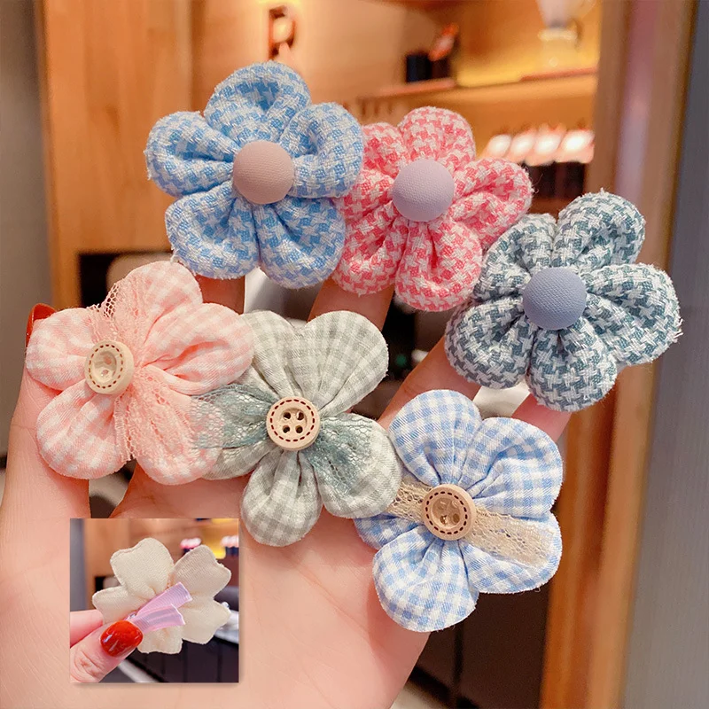 8pcs/Set Children Cute Cotton Bows Ornament Hairpins Baby Girls Colors Hair Clips Sweet Flower Plaid Headdress Kids  Accessories