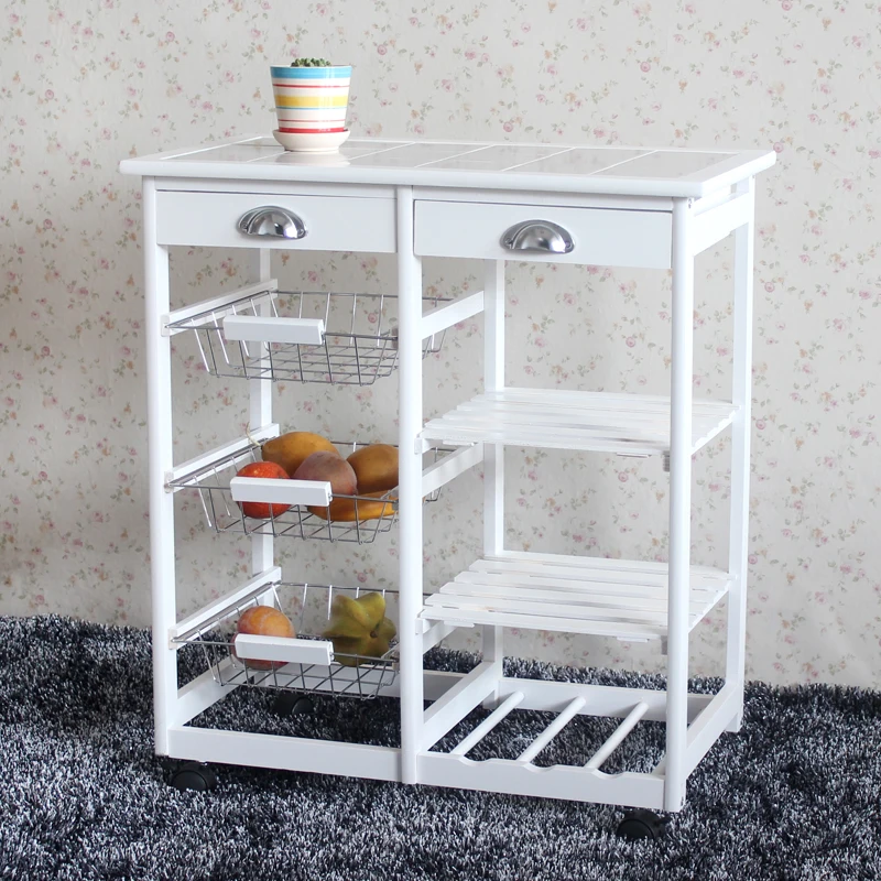 Carrito de cocina y comedor, 2 cajones, 3 cestas, estante de almacenamiento con ruedas rodantes, color blanco