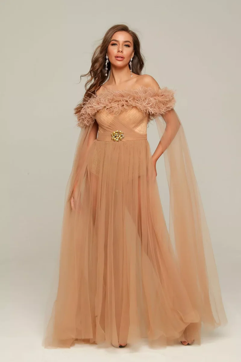 Champagne Illusion Prom Jurk Voor Fotografie Schieten Veer Off Shoulder A-lijn Avondjurk Floor Lengte Вечерние Платья Платье