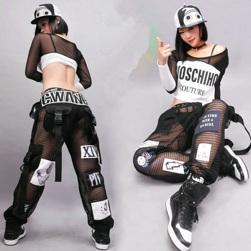 Jazz Dance Costumes Fashion Sexy Mesh Pants Hip Hop Clothing Adult Street Dancing Trousers Nightclub Modern Stage Outfit