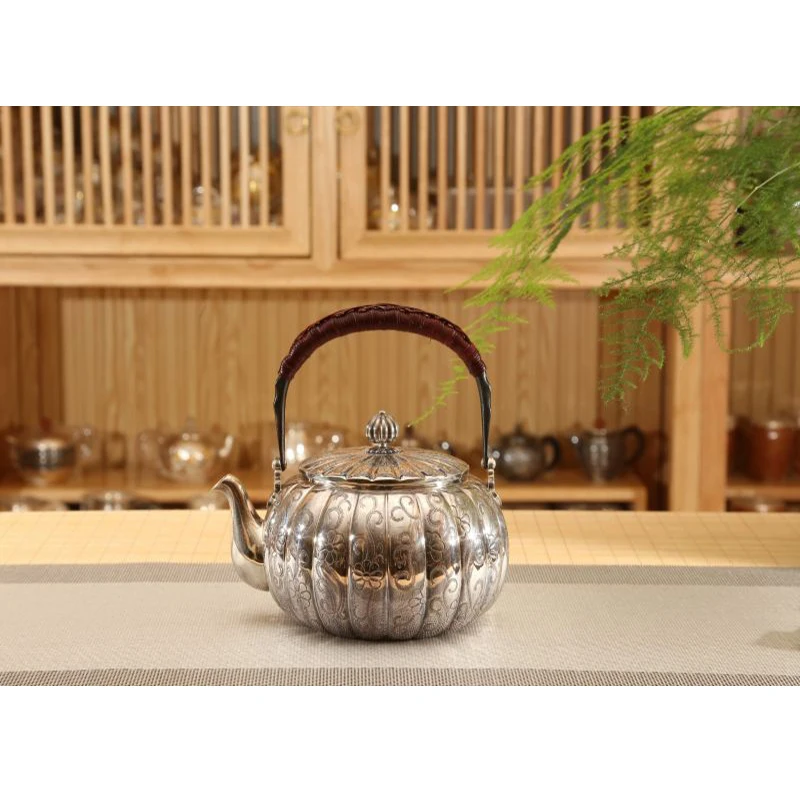 Silver pot 999 sterling silver handmade tea set Japanese retro teapot kettle home tea ceremony Kungfu tea set 740ml