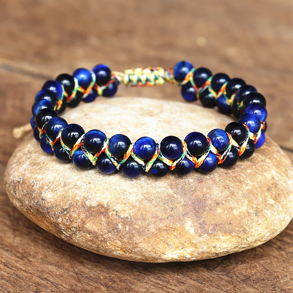 Handmade 6mm Blue Tiger Eye Stone Beads Braided Bracelet Women Men Friendship Strand Charm Bracelet Bohemian Jewelry