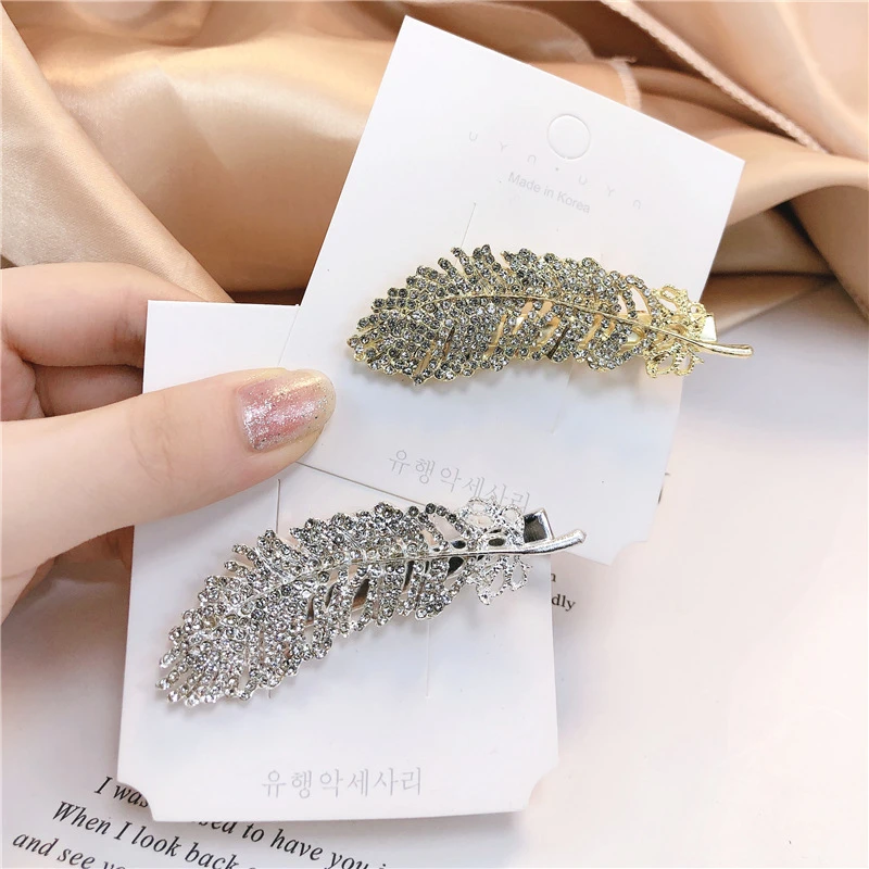 Luxury Shiny Gold Color Leaf Hairpin Elegant Full Rhinestone Alloy Hair Clips For Women Girls Bling Hairgrip Hair Accessories