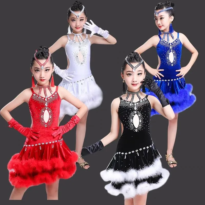 

2021 New Girl latin dance dress women latin dance skirt Children diamond robe latine latin dance competition costumes 4colors