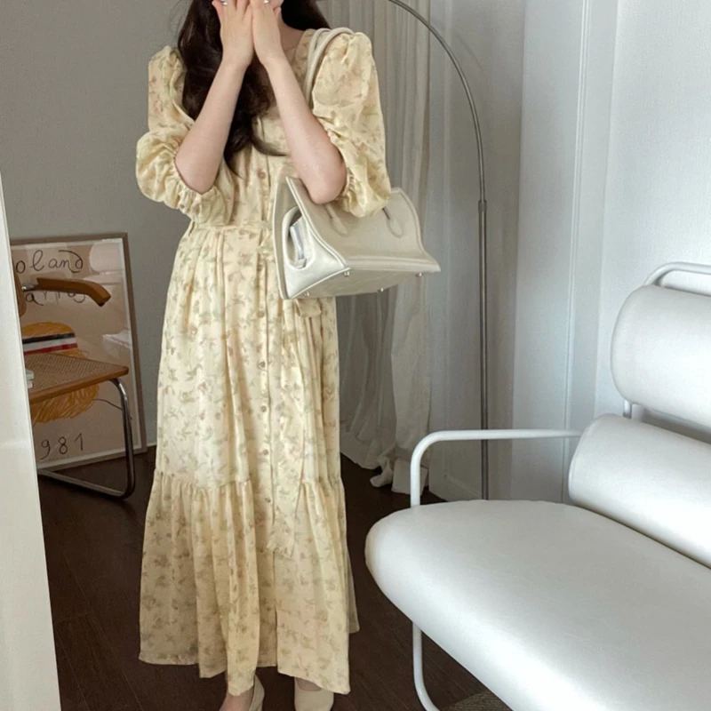 2022 New Women Summer Autunm Dresses Printed Floral High Waist Chiffon Lace Up Vintage Korean Elegant Lady Long Dresses DR3362