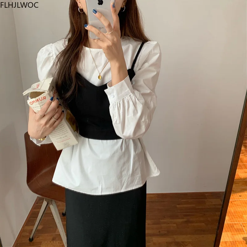 2020 Autumn Design Logn Sleeve Korean Chic Tops Cute Sweet Preppy Style Girls Solid White Black Two Piece Outfits Top Blouses