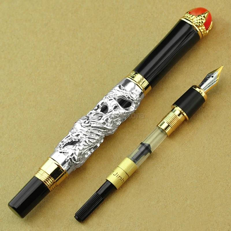 

Jinhao Ancient Dragon King 18KGP M Nib Fountain Pen, Metal Embossing Red Jewelry on Top, Silver Drawing Pen For Best Stationery