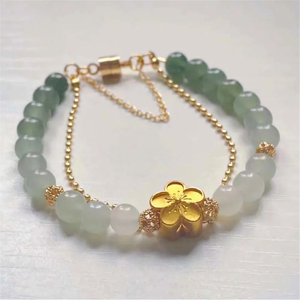 Natural Gradient Color Hetian Jade Beaded Bracelet 925 Silver Golden Peach Blossom Magnetic Buckle Bracelet Women Jewelry