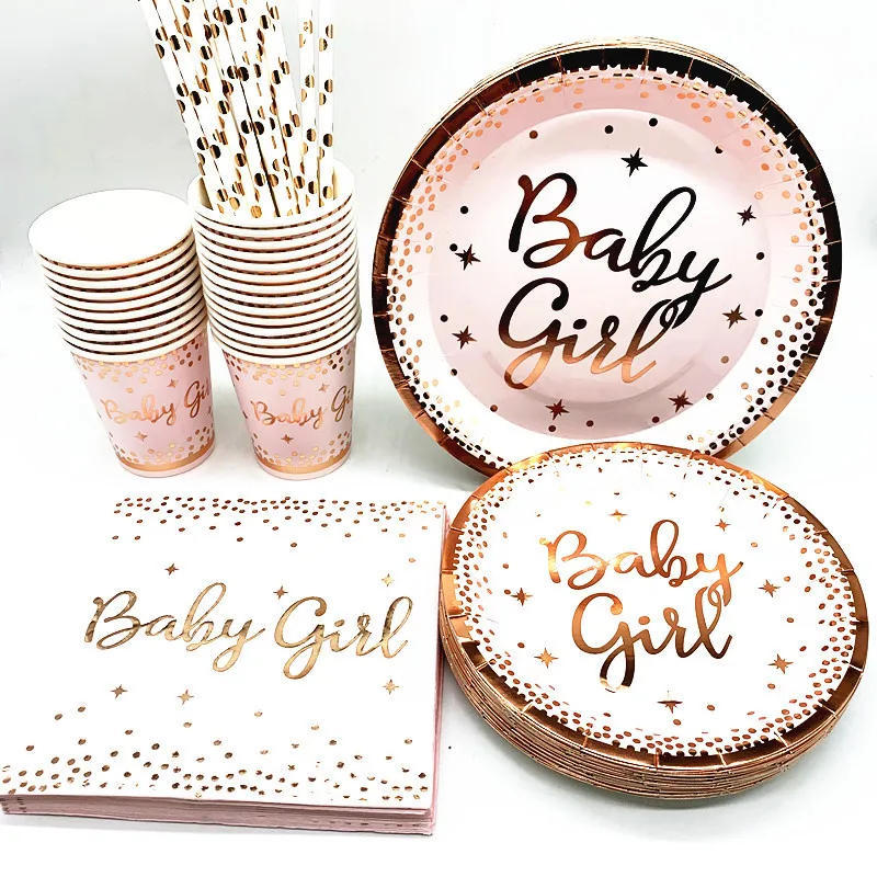 Baby Shower Oh Baby Girl Rose Gold Dot Decoration Tableware Gender Reveal Party Decor Birthday Party Decoration For Kids