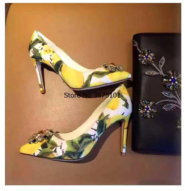 New Arrival Printed Stiletto Heel Dress Shoes Sexy Women Pointy Slip-on High Heels Pretty Crystal Flower Stick Shallow Pump