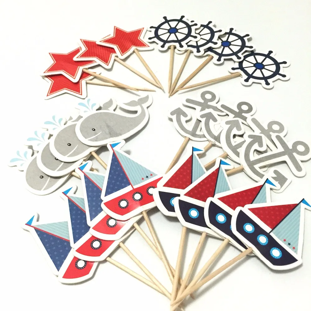 Cupcake Decorations 24pcs Mediterranean Sailor Ship Anchor Cake Topper cupcake picks flags for Kids Children Birthday Party