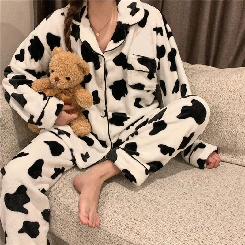 

Kupokasi Flannel Cow Print Women Sleepwear Two Pieces Winter Warm Pajamas Set Casual Thicken Pyjama Female Loungewear