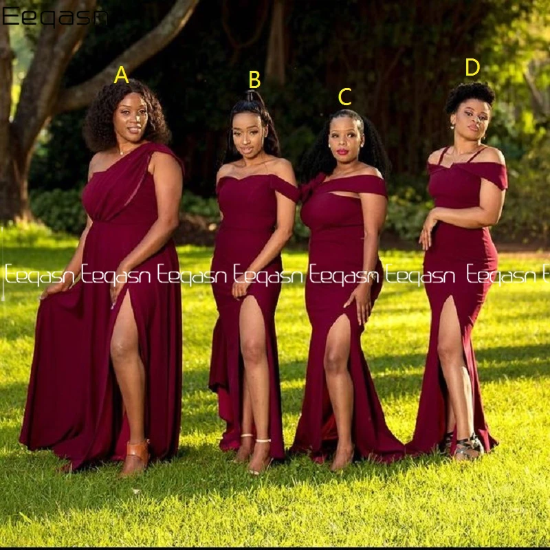 

Burgundy Bridesmaid Dresses Off Shoulder Mermaid Satin Side Slit Bridesmaid Dress Plus Size Wedding Party Maid Of Honor