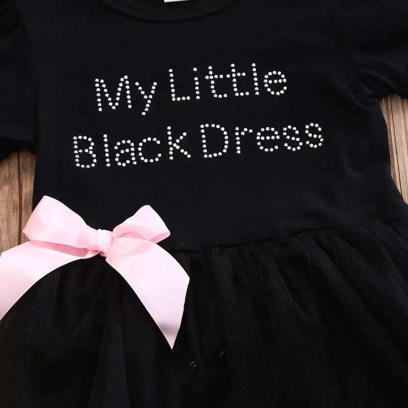 0-24M Fashion Cute Summer Newborn Infant Baby Girls Cotton O-Neck Letter Print Lace Knee-Length Black Tutu Dress Outfit Party