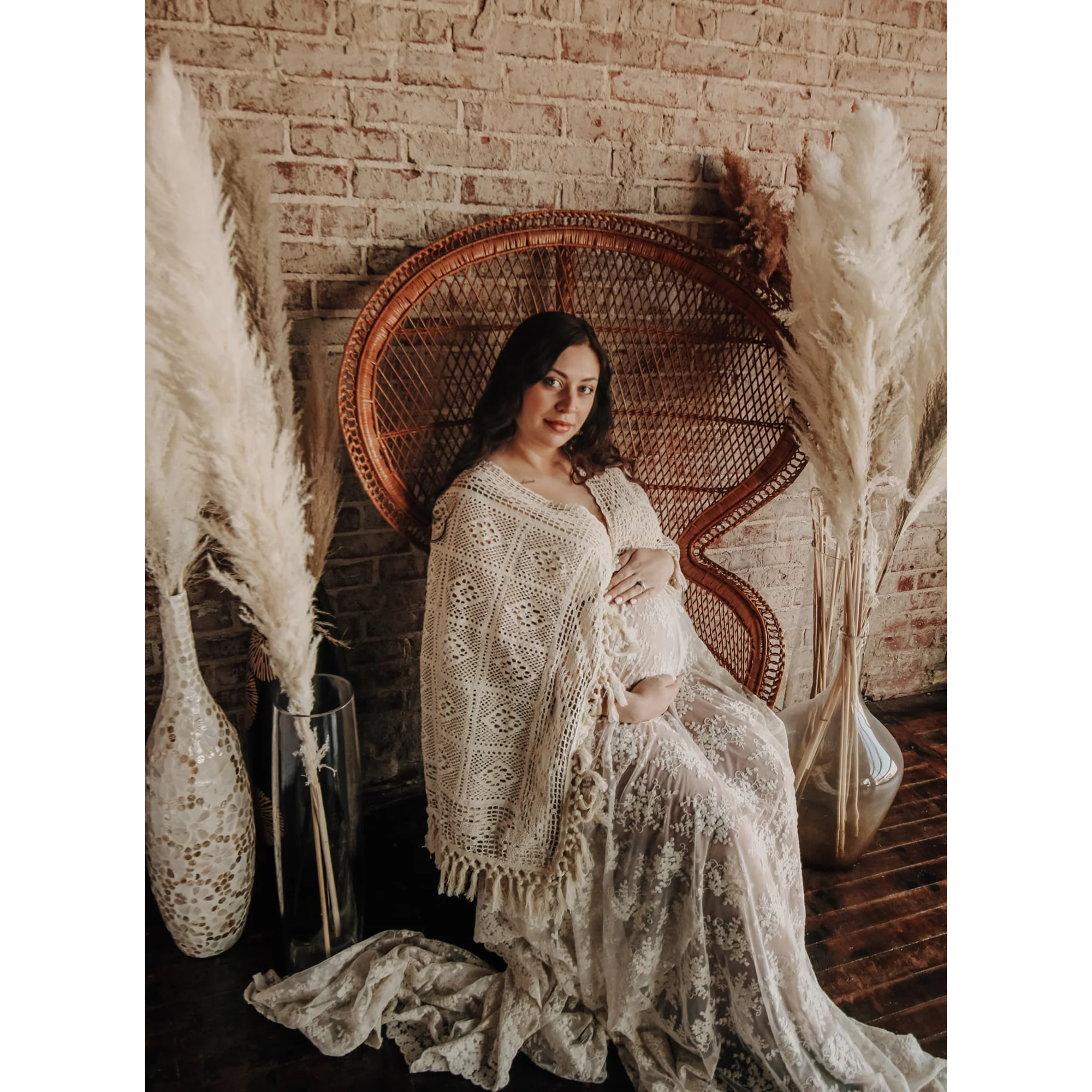 Beige Cotton Bohemian Long Bell Sleeves Maternity Dress Pregnant Gown Lace Robe for Woman Photography Prop Baby Shower Costume