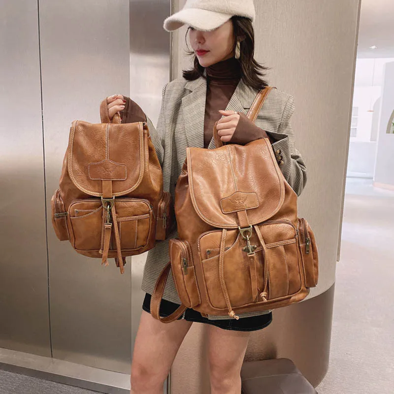 Vintage Women Backpack For Teenage Girls School Bags Fashion Backpacks Retro Leather Black Drawstring Large BagPack XA150H