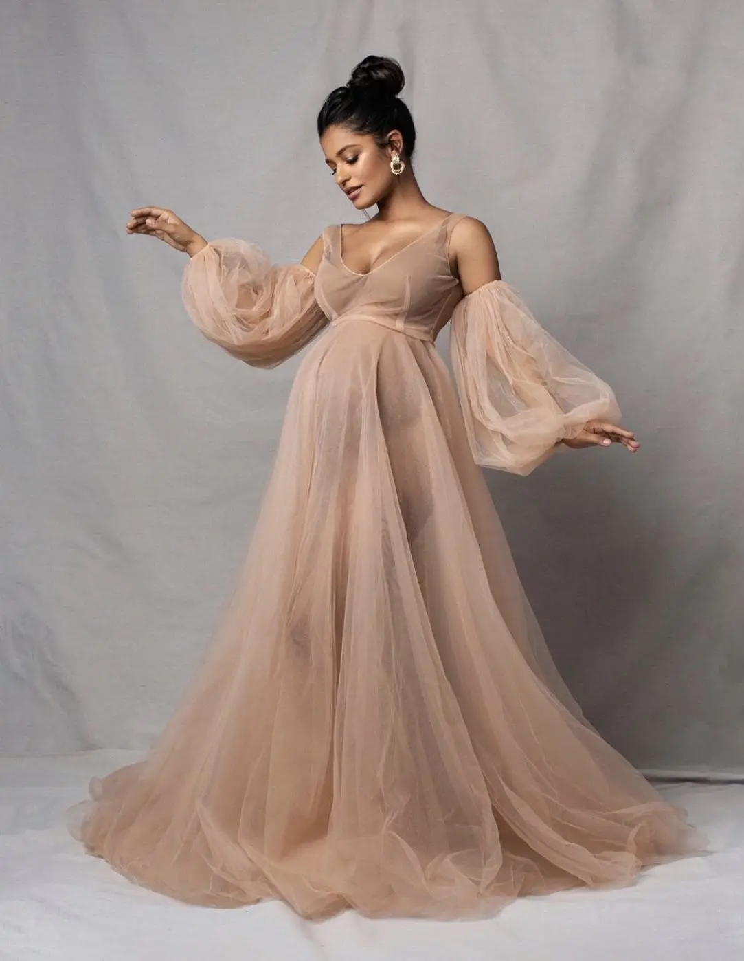 Nude Tulle Kimono Women Dresses Robe for Photoshoot Extra Puffy Sleeves Prom Gowns African Cape Cloak Maternity Dress