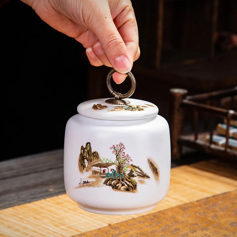 Classical Landscape Flower and Bird Storage Jar Ceramic Tea Caddy with Lid Household White Sealed Nut Storage Jar Food Container