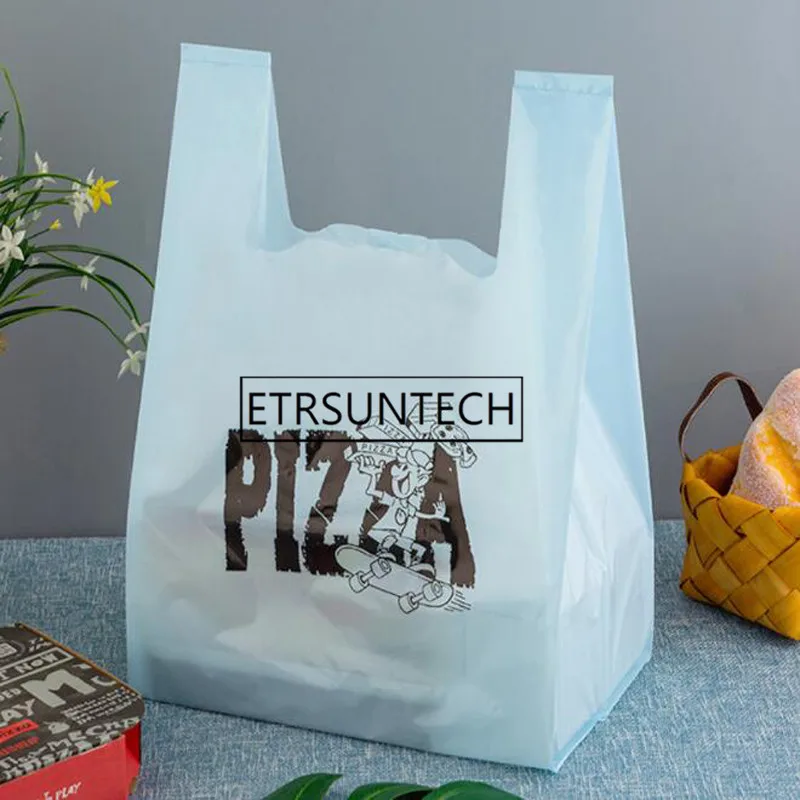 200pcs Pizza Plastic Carrier Shopping Bag With Handle Vest Take Out Bag For Food Snacks Commodity Packing Packaging