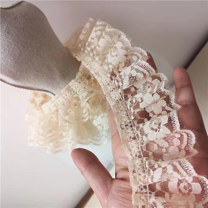 5cm Wide Exquisite Apricot 3d Pleated Cotton Embroidery Flowers Lace Folds Sewing Collar Applique Ruffle Dress Trim Fringe Decor