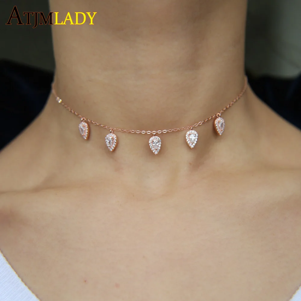 100% 925 sterling silver tear drop charm choker necklace micro pave clear cz rose gold color delicate women wedding jewelry