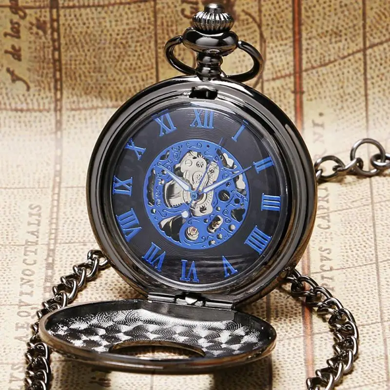 Retro Hollow Case Pocket Watch Men Women Hand-winding Mechanical Clock Roman Numerals Display Pendant FOB Chain Relgio de bolso