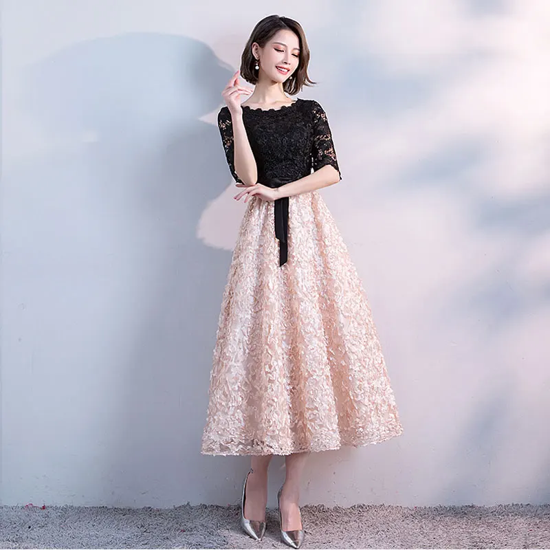 New Arrival Elegant Evening Party Prom Dresses Tea-length Gown A-line Satin Lace Robe De Soiree Half Lace Sleeves