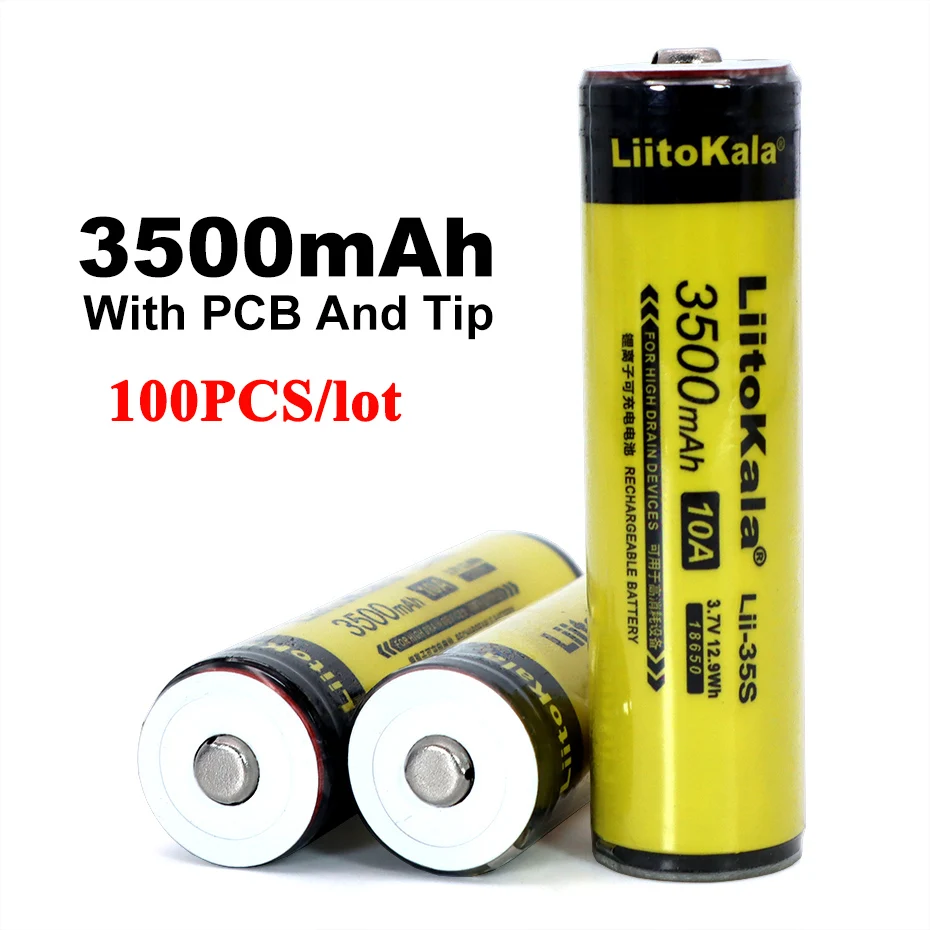 100pcs Liitokala Lii-35S Protected 18650 3400mAh Rechargeable Li-lon battery with 2MOS PCB 3.7V For Flashlight