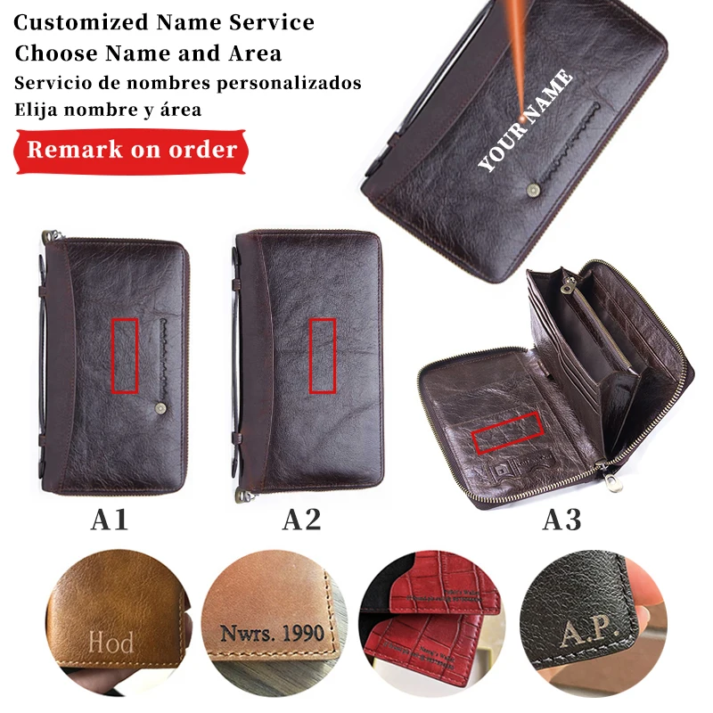 Custom Name Wallets Men Fashion Passport Wallet Zipper Purses With Phone Bags Card Holder Gift  Genuine Cowhide Leather