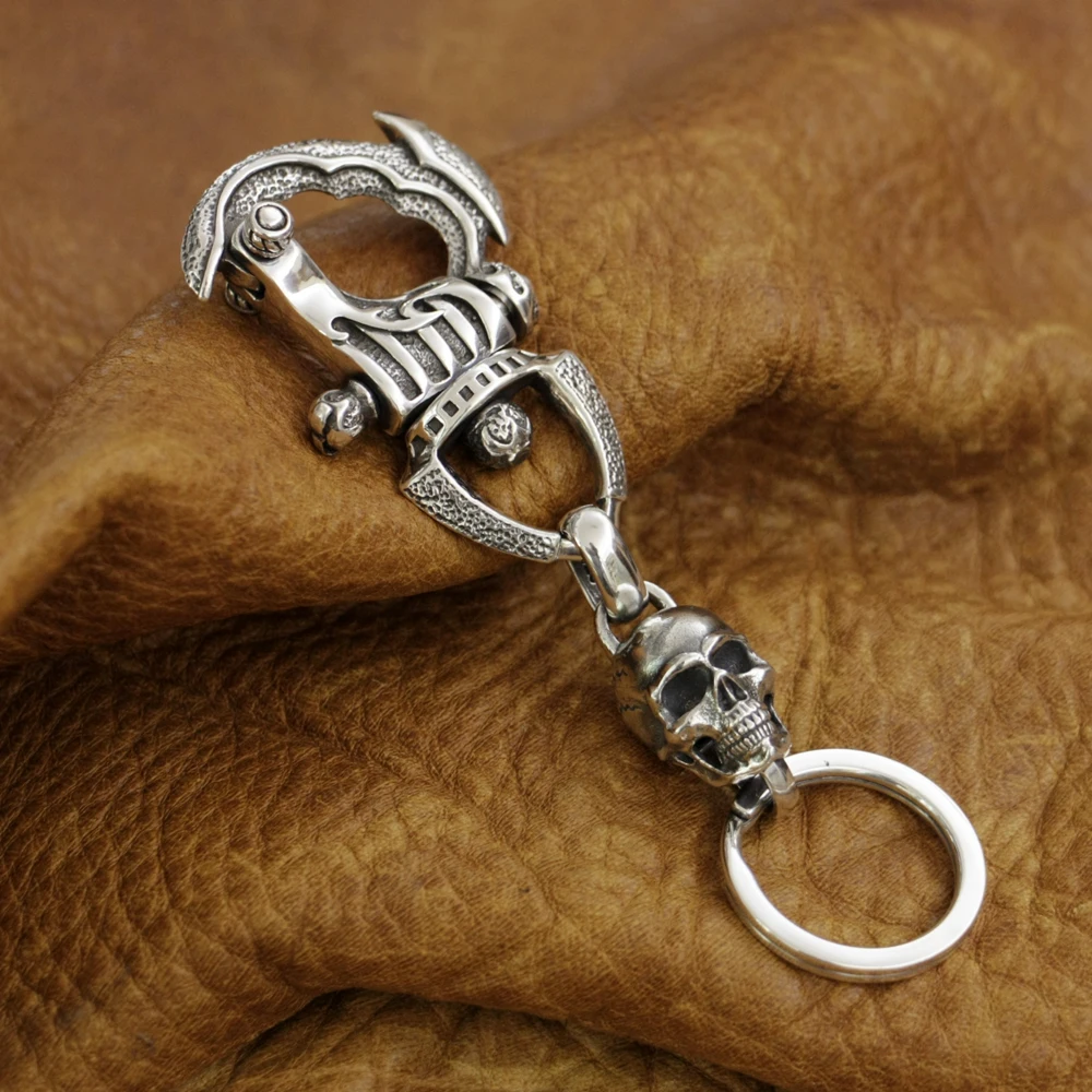 

925 Sterling Silver Huge Skull KeyRing Mens Biker Punk Keychain 8J035