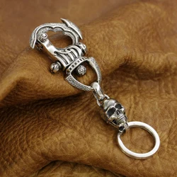 925 Sterling Silver Huge Skull KeyRing Mens Biker Punk Keychain 8J035