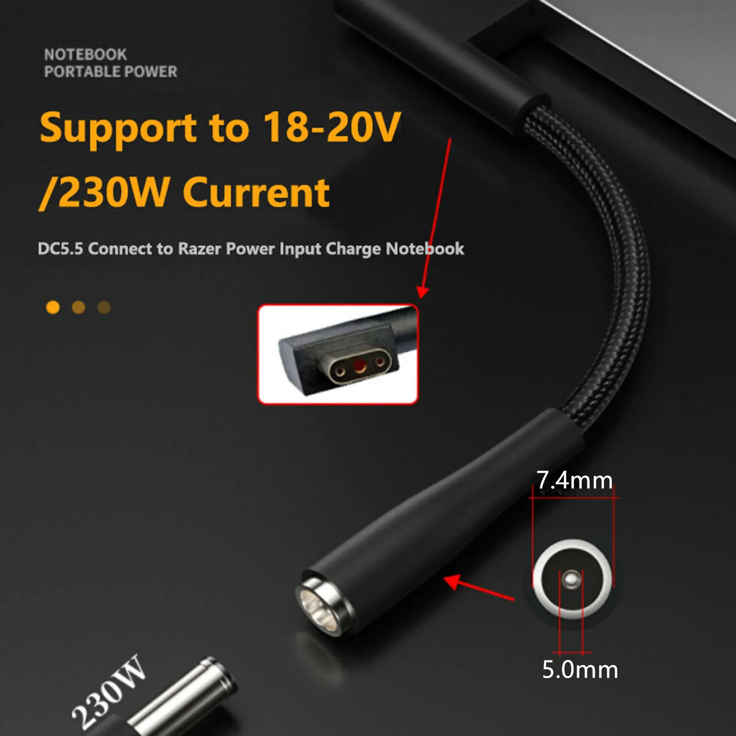 Dc ponta 7450 fêmea para 3 pinos macho plug adaptador conversor portátil cabo de mudança de energia para razer blade pro 17 15 gtx1070