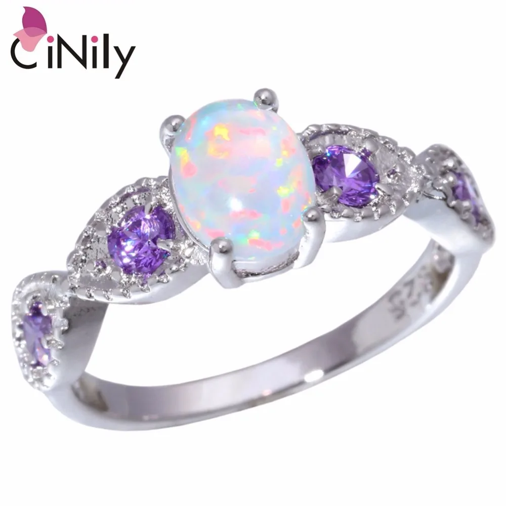 

CiNily Authentic .925 Sterling Silver Created White Fire Opal Purple Zircon Wholesale for Women Jewelry Ring Size 7 8 SR008