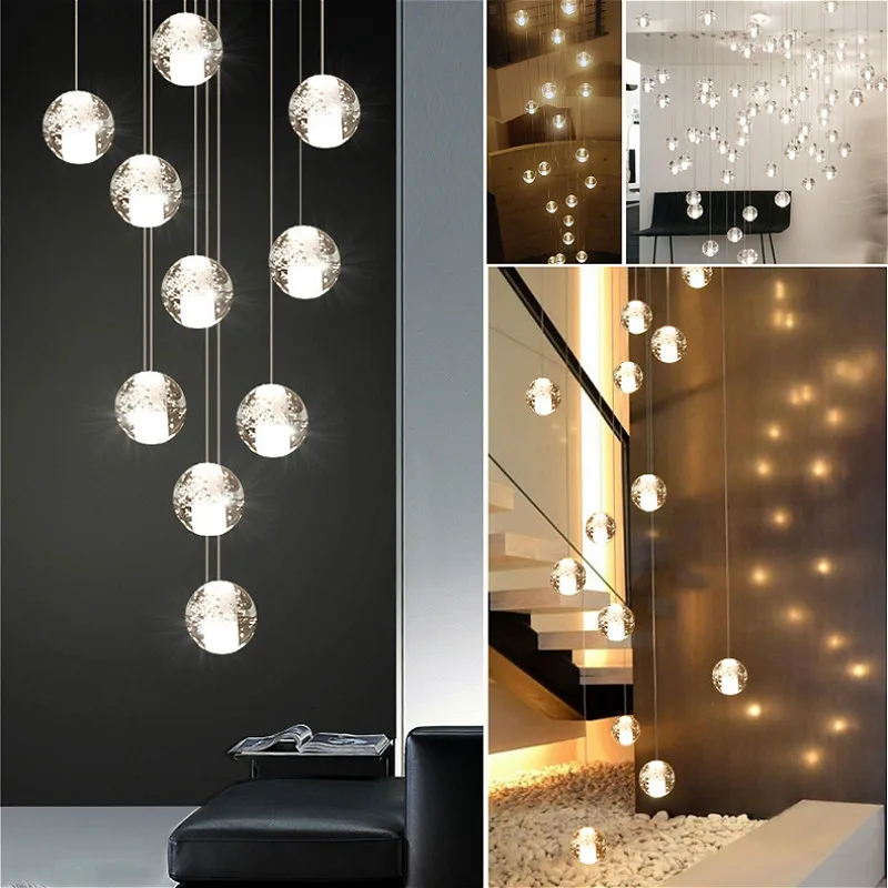 Duplex Apartment Villa Staircase Pendant Light Modern Round Crystal Glass Ball Hanging Lamp Living Room Staircase LED Chandelier