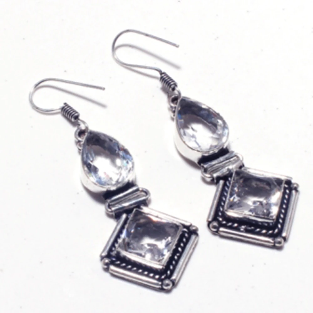 Genuine White  Topaz Silver Overlay on Copper Earrings ,Hand made Women Jewelry Gift ,  E5349