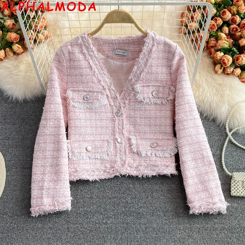 ALPHALMODA 2021 Autumn New Coarse Tweed Short Coat Women Elegant Cardigan Top Long Sleeve Lined Short Outfit