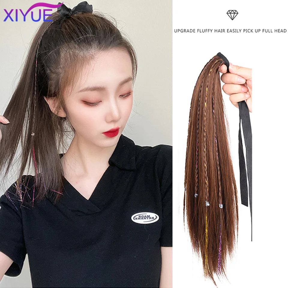 Long Straight Gold Thread With Braid Ponytail Fake Hair Synthetic Clip-in Ponytail Hair Extensions Heat Resistant Pony Tail Hair